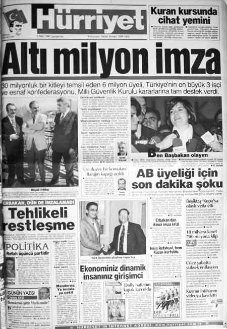 Hürriyet'in 28 Şubat sürecinde 5 Mart 1997 tarihli 1'inci sayfası ve manşeti...