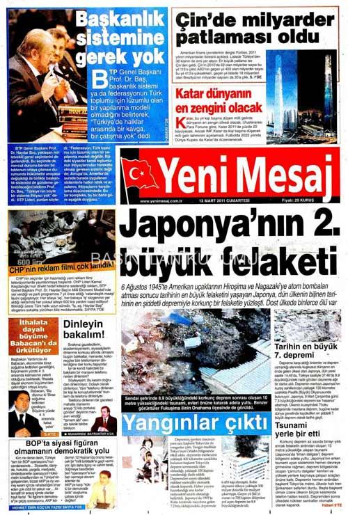 Tüm dünyanın korku dolu gözlerle izlediği Japonya depremi ve ardından gelen tsunami Türkiye'de bütün gazetelerde manşetlere taşınırken yalnızca Akit gazetesi bu felaket yerine Ergenekon'u manşetine taşıdı.