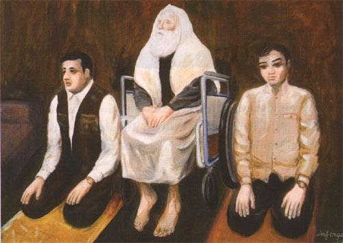 Ressam Arif Ergun'un kitabı okuyanları etkileyecek en dokunaklı tablolarından biri de Şehit Şeyh Yasin'in konu edildiği Filistin'de namaz...