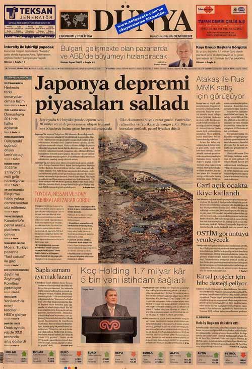Tüm dünyanın korku dolu gözlerle izlediği Japonya depremi ve ardından gelen tsunami Türkiye'de bütün gazetelerde manşetlere taşınırken yalnızca Akit gazetesi bu felaket yerine Ergenekon'u manşetine taşıdı.