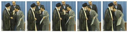 Olaylı seçim sürecinin ardından dün Ayetullah Ali Hamaneyin onayıyla resmen ikinci kez İran Cumhurbaşkanı olan Ahmedinejad, elini öptürmeyen Hamaneyin omuzunu öptü.