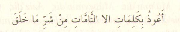 "Yarattıklarının şerrinden Allah'ın mükemmel kelimelerine (âyet, sıfat ve isimlerini) sığınırım."