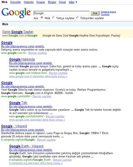 Google'de, google diye aranınca zararlıdır uyarısı çıkıyor