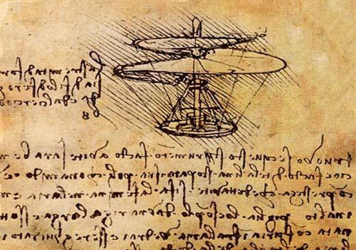 2500 yıllık geçmişi olan bambu oyuncaktan günümüze, hızla dönen pervaneyle yerçekimine meydan okuma düşüncesi cazibesini hiç kaybetmedi. Yüzyıllar boyunca dikey uçuş için sayısız tasarım ve deneme yapıldı ama temel aerodinamik ilkelerini dikkate alan ilk ciddi çalışma, 1480lerin başında Leonardo DaVinciden geldi. Da Vincinin Gökyüzü vidası, helisel bir yüzeyin insan gücüyle hareket ettirilerek taşıma kuvveti oluşturması düşüncesine dayanıyordu.