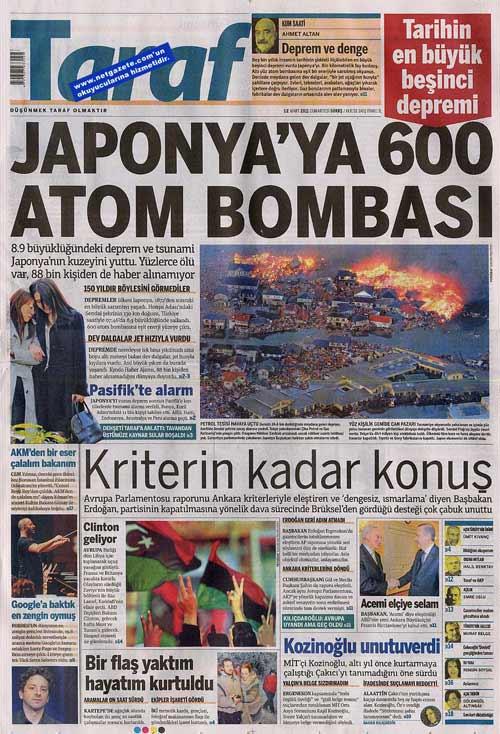 Tüm dünyanın korku dolu gözlerle izlediği Japonya depremi ve ardından gelen tsunami Türkiye'de bütün gazetelerde manşetlere taşınırken yalnızca Akit gazetesi bu felaket yerine Ergenekon'u manşetine taşıdı.