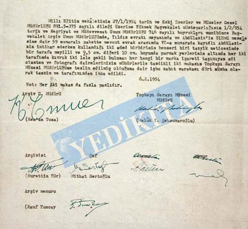 Sultan'ın intihar etmek için kullandığı iddia edilen makasların Topkapı Sarayına teslimine dair vesika