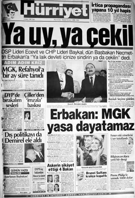 Hürriyet'in 28 Şubat sürecinde 4 Mart 1997 tarihli 1'inci sayfası ve manşeti...