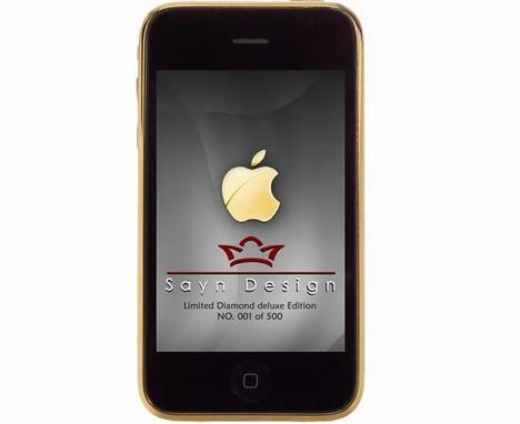 iPhone SaynDesign- Alman mücevher firması Sayn Design, iPhone Limited Diamond deluxe Edition'ı gururla sunar. Arka yüzey 24 karat altınla parlıyor, bir nano-mühür çizilmelere karşı koruyor. Fiyat: 5000 Euro
