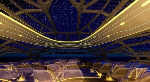 Küçük pencerelerin yerini alan panaromik görüş açısı.

First, business ve ekonomi kabinlerine, ön kısımda rahatlamak, arka tarafta çalışmak için bölümler yapılmış. Ayrıca uçakta sosyalleşmek için bar bile düşünülmüş.