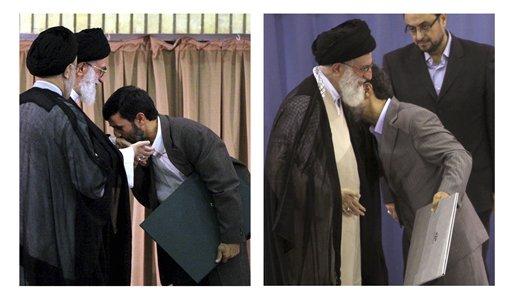 Olaylı seçim sürecinin ardından dün Ayetullah Ali Hamaneyin onayıyla resmen ikinci kez İran Cumhurbaşkanı olan Ahmedinejad, elini öptürmeyen Hamaneyin omuzunu öptü.
