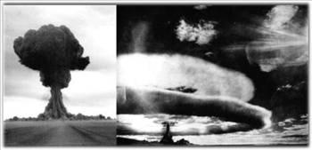 Sovyetler Birliği, İlk Şimşek kod adlı ilk atom bombasını 29 Ağustos 1949da denedi. Sol taraftaki fotoğrafta görülen o bomba ABDnin bu alandaki tekelini kırmış oldu. İlk bombanın patladığı günden 25 Ekim 1990 tarihine kadar Sovyetler Birliği 715 nükleer deneme yaptı. Sağ tarafta ise SSCBnin Kasım 1955te ilk gerçek termonükleer patlaması olarak bilinen denemeden bir kare var.