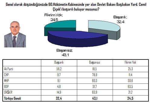 Devlet Bakanı ve Başbakan Yardımcısı Cemil Çiçek'i CHP ve MHP seçmeni diğer bakanlara nazaran daha başarılı bulmuş...
