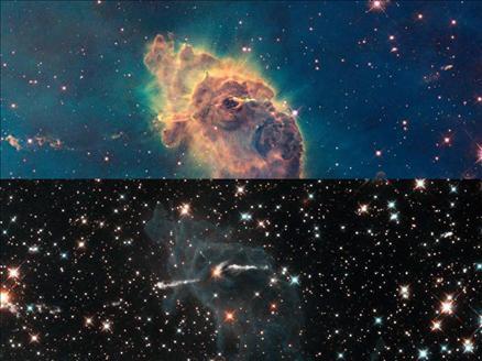 Gaz ve tozdan oluşan Carina Nebulasının içinde yeni yıldızların oluşmaya başladığı gözleniyor. Hubble tarafından çekilen normal (üstteki) ve kızılötesi (alttaki) fotoğraflar hayranlık uyandırıcı