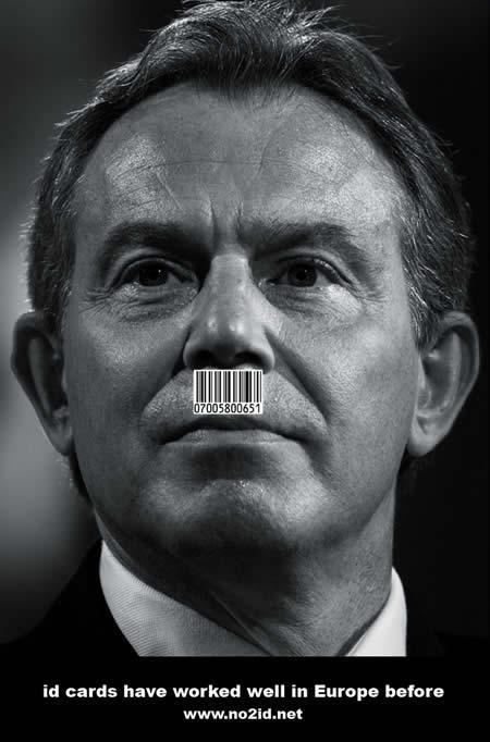NO2ID-İngiltere Blair'in başbakan olduğu dönemde hayata geçirmek istediği yeni kimlik kartı uygulamasının özgürlükleri sınırlayacağı gerekçesiyle başlatılan 'NO2ID' adlı kampanyanın reklamı. Hitler çağrışımı yaptığı ve saldırgan olduğu için yasaklandı