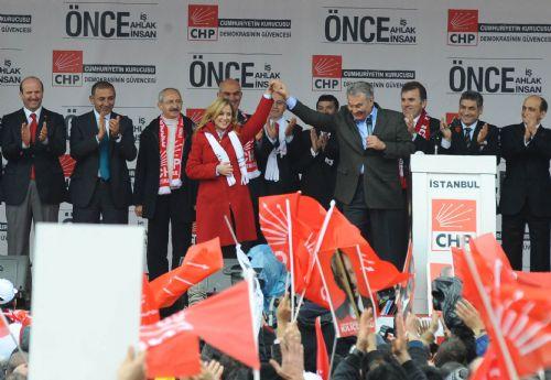 CHP'nin Çalğayan mitingi: Çağlayan meydanında kurulan dev ekranlarda Başbakan Erdoğan'ın yıllar önce söylediği sözler ve hkmetyar ile çekilen fotoğrafları yayınlandı.