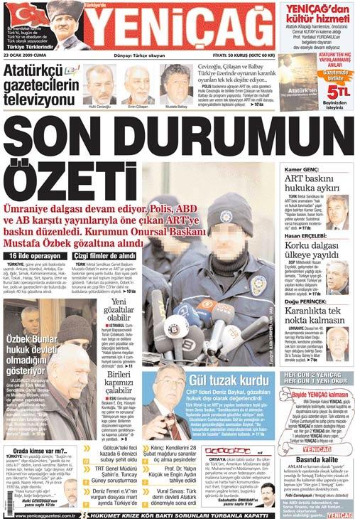 Yeniçağ gazetesinin 23 Ocak 2009 tarihli birinci sayfası