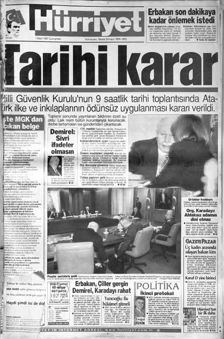 Hürriyet'in 28 Şubat sürecinde 1 Mart 1997 tarihli 1'inci sayfası ve manşeti...