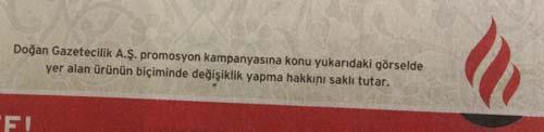 Gazete ürünün fotoğrafını değiştirdikten sonra ilanın altına ürünü değiştirebileceği yönünde bir uyarı yazısı ekledi.