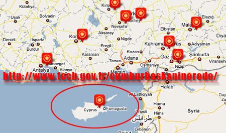 Çankaya Köşk'ünün resmi web sitesinde yer alan Google haritasında Kıbrıs tek ülke olarak gösteriliyor.