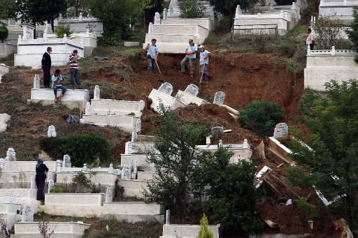 İstanbul'da etkili olan yoğun yağış sonucu Cebeci Mezarlığı'nda toprak kayması oldu. 100 mezar tahrip olurken, toplanan kemikler topluca gömüldü.