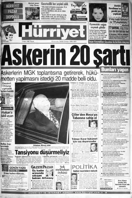 Hürriyet'in 28 Şubat sürecinde 2 Mart 1997 tarihli 1'inci sayfası ve manşeti...