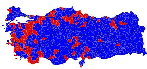 Yüzde 61,7 oranındaki "Evet" oyuyla kabul edilen 1961 Anayasasının ilçeler bazında ortaya çıkarttığı siyasi haritanın şekli böyleydi.