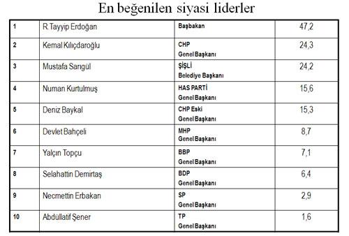 Ankete katılanların yüzde 47,2'si 'en beğenilen siyasi lider' olarak Başbakan Recep Tayyip Erdoğan'ı gösterdi. Erdoğan'ı; yüzde 24,3 ile Kemal Kılıçdaroğlu, yüzde 24,2 ile Mustafa Sarıgül, yüzde 15,6 ile Numan Kurtulmuş, yüzde 15,3 ile Deniz Baykal ve yüzde 8,7 ile Devlet Bahçeli izledi. Yüzde 7.1 oranla Bahçeli'nin arkasında 7. sırada olan BBP Lideri Yalçın Topçu'nun BDP Genel Başkanı Selahattin Demirtaş, Saadet Lideri Erbakan ve TP Genel Başkanı Abdüllatif Şener'i geride bırakması dikkat çekti.
