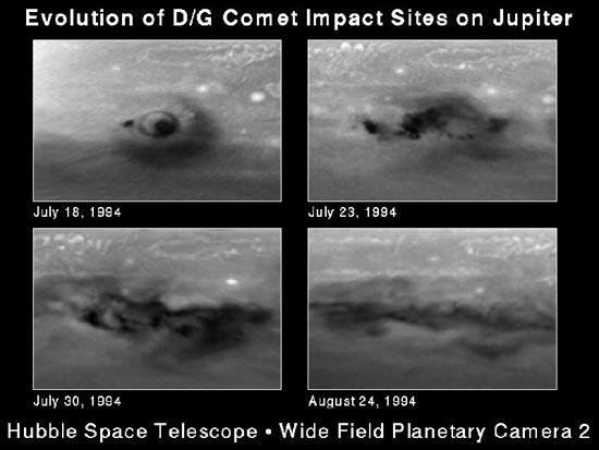 WFPC2′nin hafızalardan silinmeyen ünlü bir başka resmi de Shoemaker-Levy 9 Kuyruklu Yıldızının Jüpitere çarpma anı görüntüsüydü: İşte o anlardan dördü