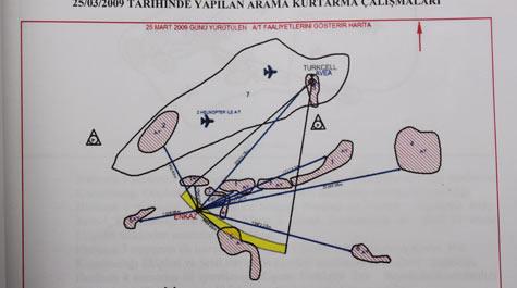 1. Kroki kazanın olduğu 25 Mart 2009'da ait. Krokide sarı alan GSM şirketlerinin belirlediği yer. Ancak aramalar bu hattın çok dışında yapılmış.