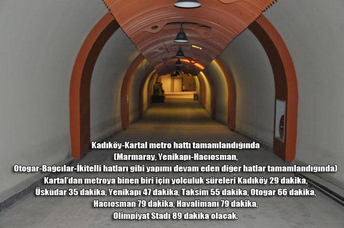 Kadıköy-Kartal metro hattı tamamlandığında (Marmaray, Yenikapı-Hacıosman, Otogar-Bağcılar-İkitelli hatları gibi yapımı devam eden diğer hatlar tamamlandığında) Kartaldan metroya binen biri için yolculuk süreleri Kadıköy 29 dakika, Üsküdar 35 dakika, Yenikapı 47 dakika, Taksim 55 dakika, Otogar 66 dakika, Hacıosman 79 dakika, Havalimanı 79 dakika, Olimpiyat Stadı 89 dakika olacak.