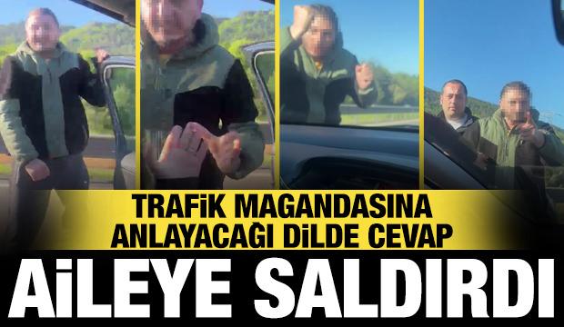 Bayram yolunda maganda s&uuml;r&uuml;c&uuml; ailenin yolunu kesip saldırdı! 