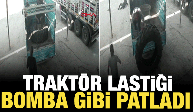 Hava basılan trakt&ouml;r lastiği patladı, 2 iş&ccedil;inin yaralandığı o anlar kamerada