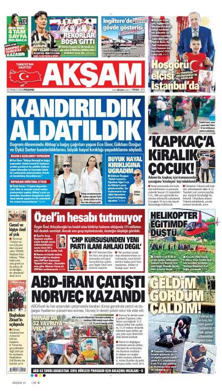 23 Temmuz 2026 Akşam Gazetesi Manşetleri