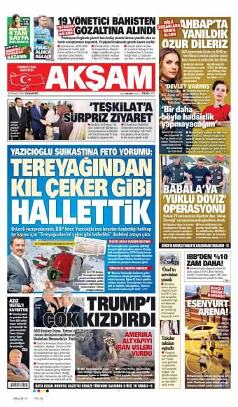 18 Temmuz 2026 Akşam Gazetesi Manşetleri