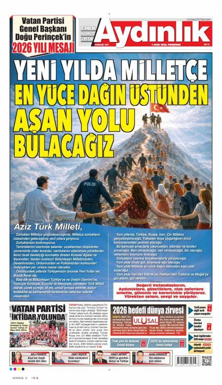 01 Ocak 2026 Aydınlık Gazetesi Manşetleri