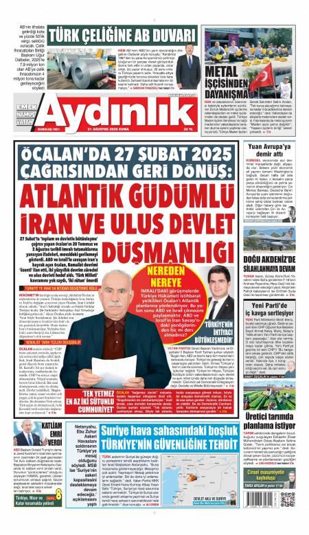 21 Ağustos 2026 Aydınlık Gazetesi Manşetleri