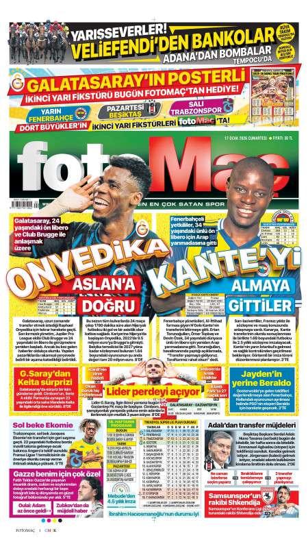 17 Ocak 2026 Fotomaç Gazetesi Manşetleri