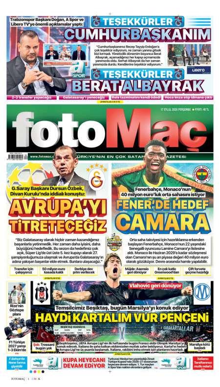 17 Eylül 2026 Fotomaç Gazetesi Manşetleri
