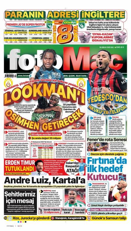 30 Aralık 2025 Fotomaç Gazetesi Manşetleri