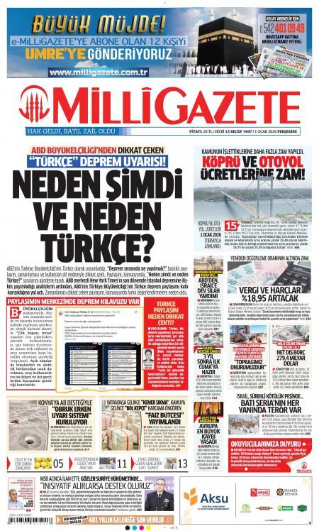 01 Ocak 2026 Milli Gazete Gazetesi Manşetleri