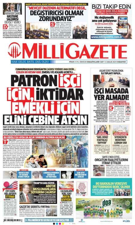 13 Aralık 2025 Milli Gazete Gazetesi Manşetleri