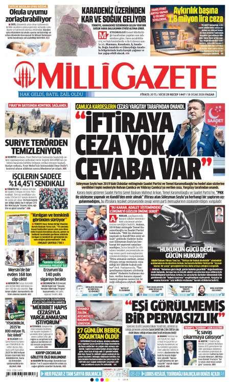 18 Ocak 2026 Milli Gazete Gazetesi Manşetleri