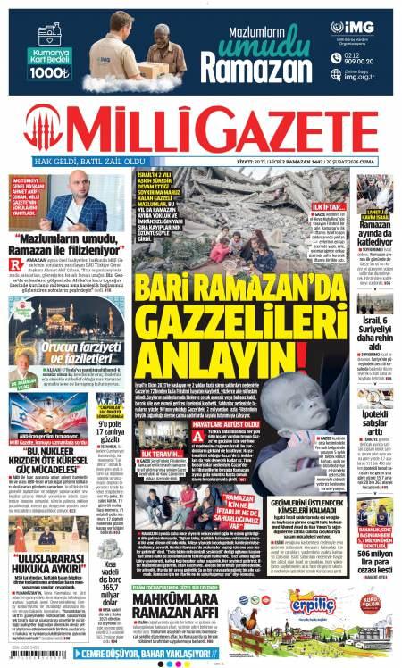 20 Şubat 2026 Milli Gazete Gazetesi Manşetleri