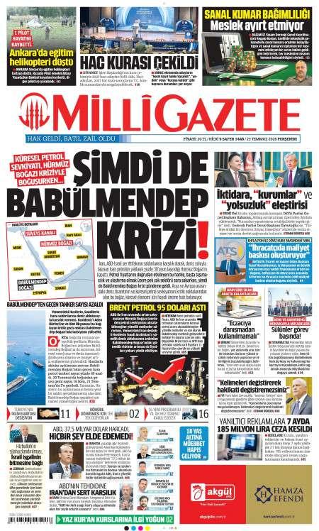 23 Temmuz 2026 Milli Gazete Gazetesi Manşetleri