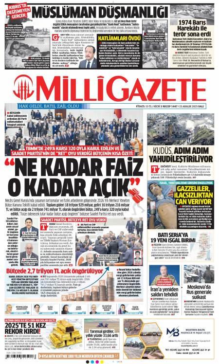 23 Aralık 2025 Milli Gazete Gazetesi Manşetleri