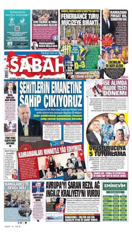 20 Şubat 2026 Sabah Gazetesi Manşetleri