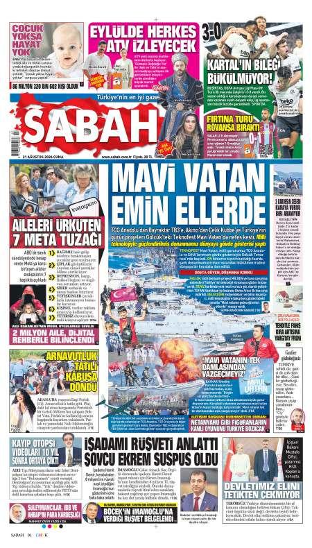 21 Ağustos 2026 Sabah Gazetesi Manşetleri