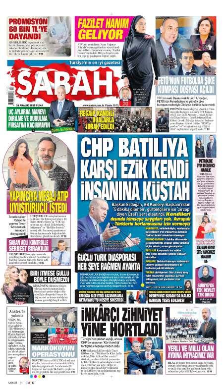 26 Aralık 2025 Sabah Gazetesi Manşetleri