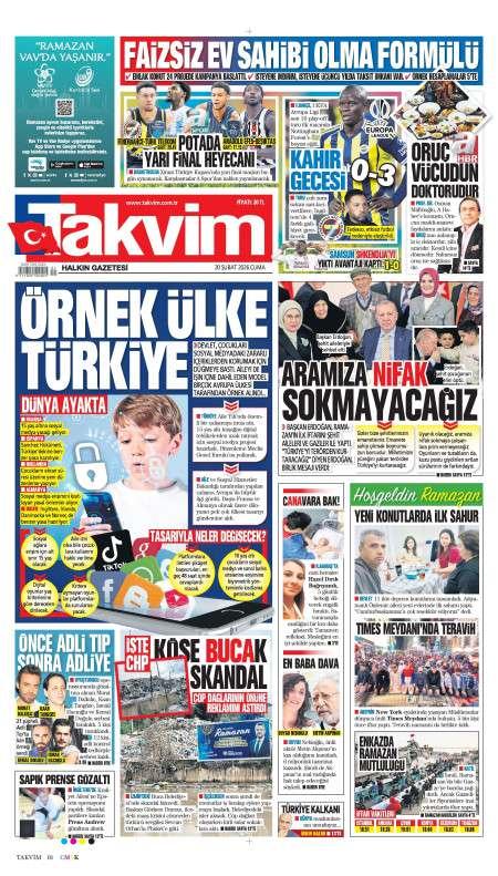 20 Şubat 2026 Takvim Gazetesi Manşetleri