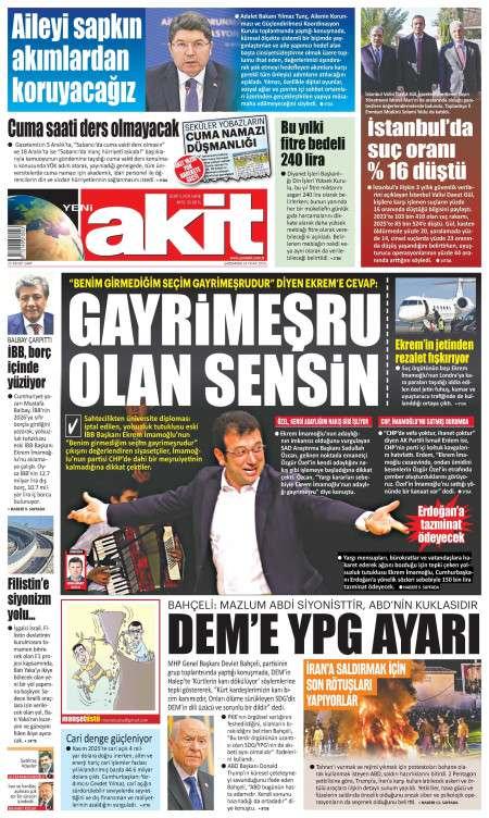 14 Ocak 2026 Yeni Akit Gazetesi Manşetleri